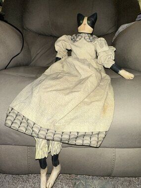 Primitive Folk Art Black Cat Doll Shelf Sitter Muslin Dress Weighted Bottom 30"